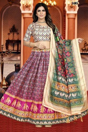 multicolor silk blend printed Lehenga set
