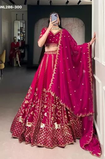 dark rani pink silk embroidered Lehenga set