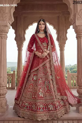 dark red silk embroidered Lehenga set