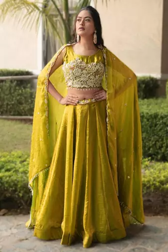 dark olive silk blend plain Lehenga set