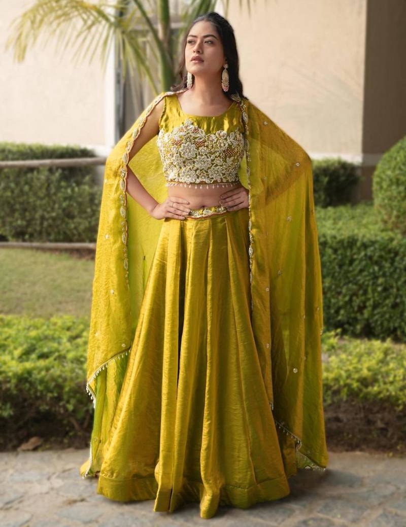 dark olive silk blend plain Lehenga set