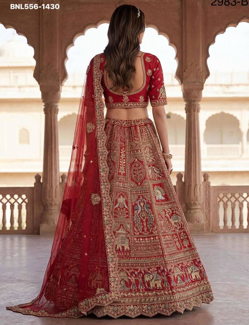 dark red silk embroidered Lehenga set