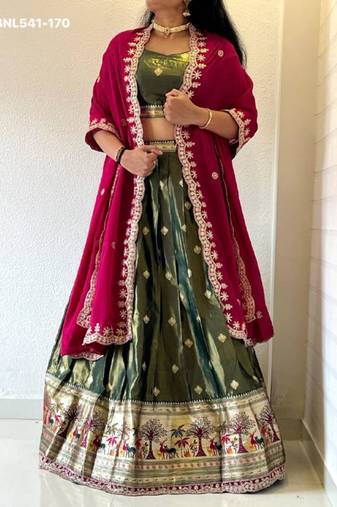 green silk blend woven Lehenga set
