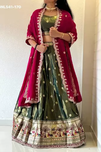 green silk blend woven Lehenga set