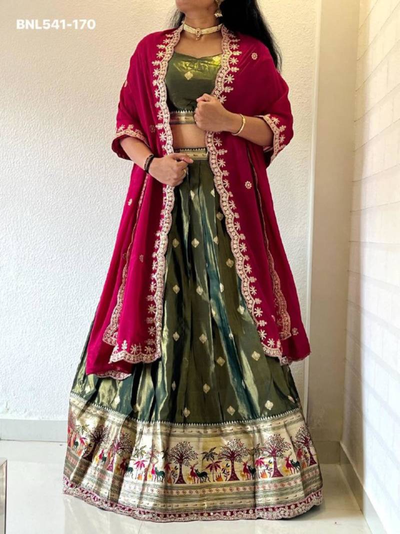 green silk blend woven Lehenga set