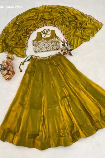 dark olive silk blend plain Lehenga set