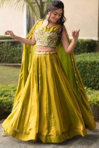 dark olive silk blend plain Lehenga set