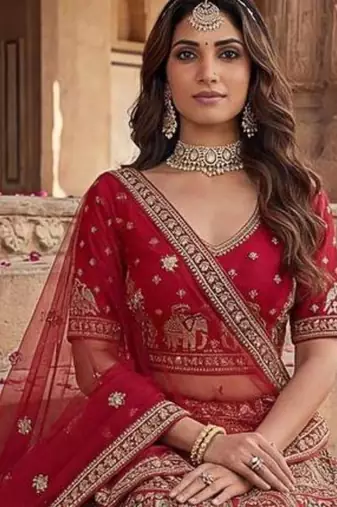 dark red silk embroidered Lehenga set
