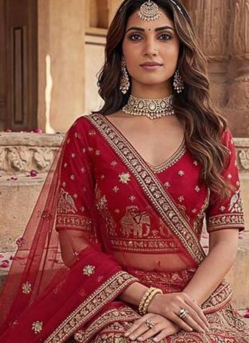 dark red silk embroidered Lehenga set
