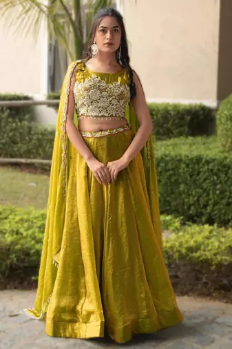 dark olive silk blend plain Lehenga set
