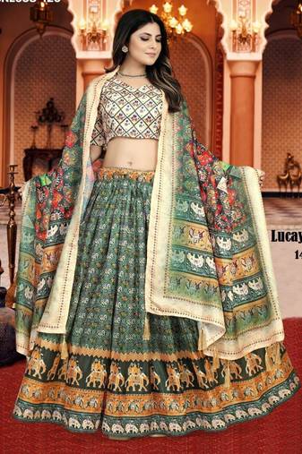 multicolor silk blend printed Lehenga set