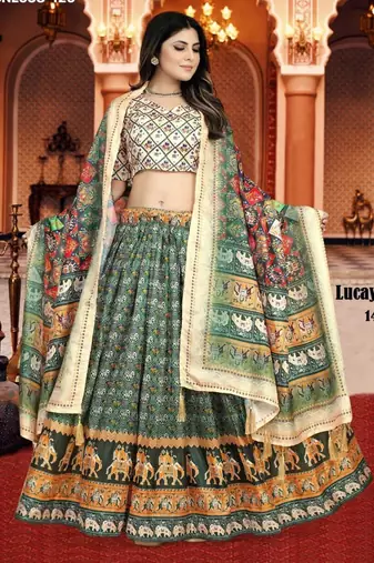 multicolor silk blend printed Lehenga set