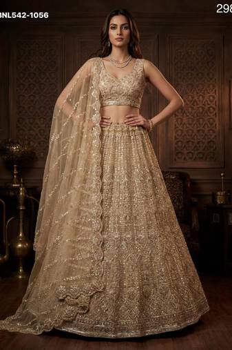 beige net embroidered Lehenga set