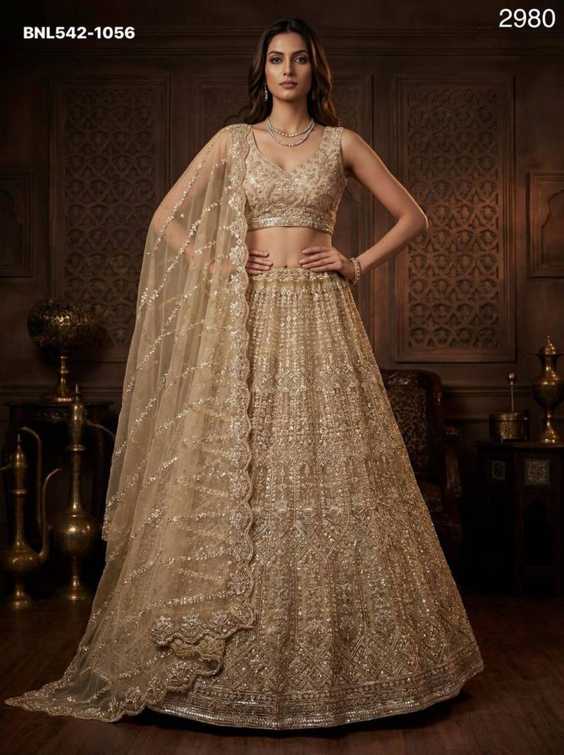 beige net embroidered Lehenga set