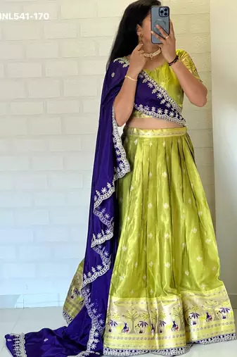 light parrot green silk blend woven Lehenga set