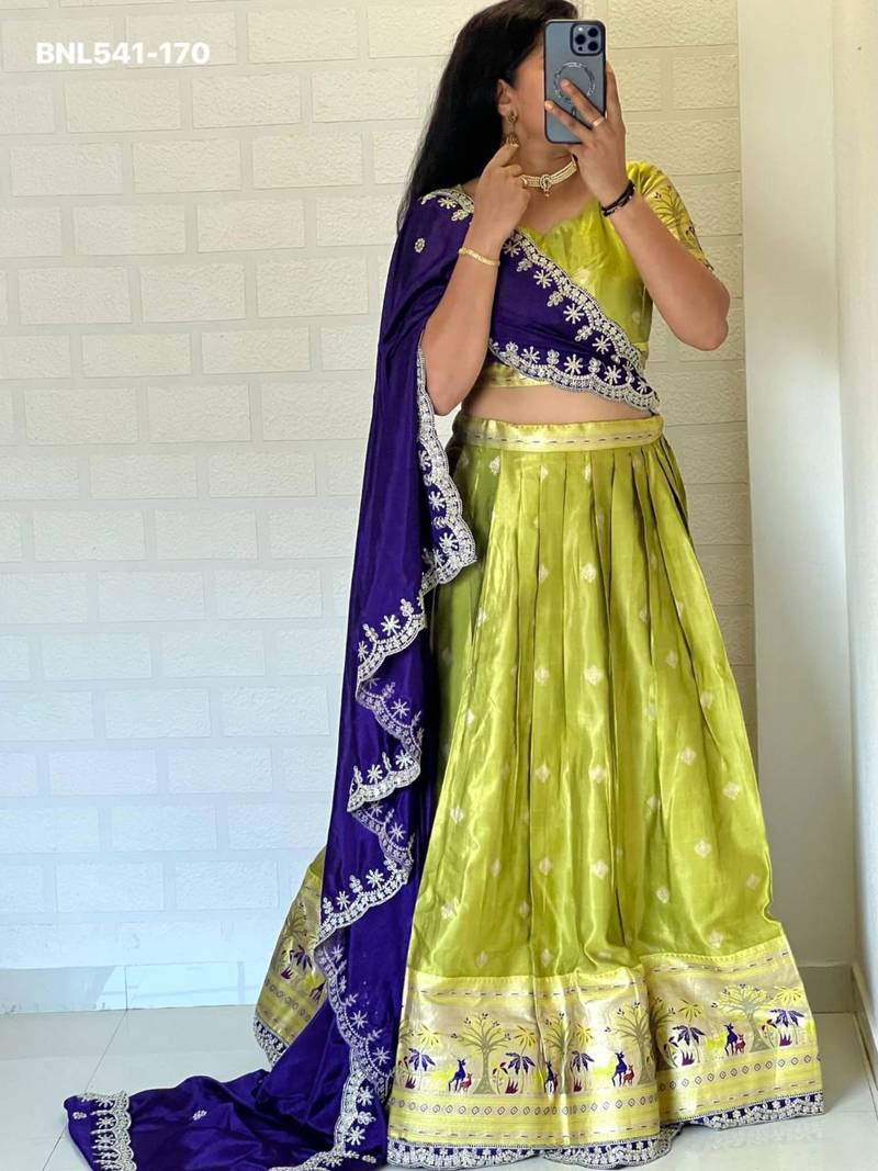 light parrot green silk blend woven Lehenga set