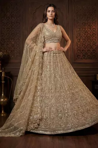 beige net embroidered Lehenga set