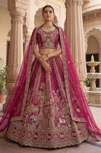 rani pink silk blend embroidered Lehenga set