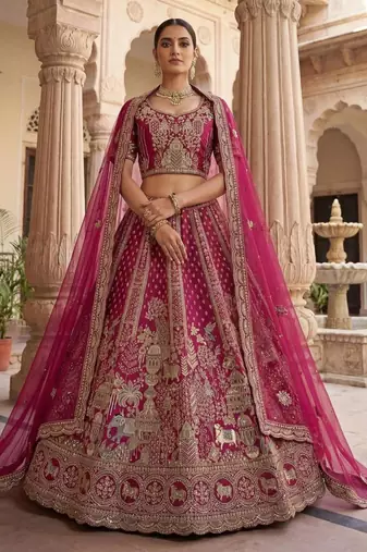 rani pink silk blend embroidered Lehenga set