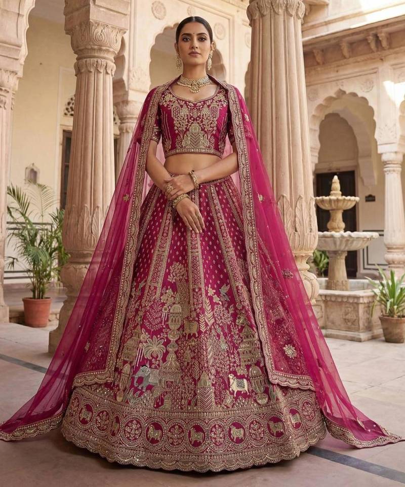 rani pink silk blend embroidered Lehenga set