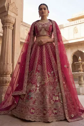 rani pink silk blend embroidered Lehenga set
