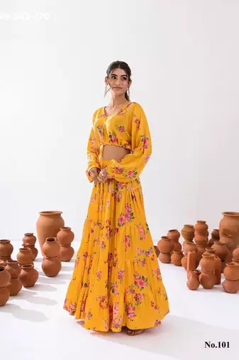 yellow crepe printed Lehenga set