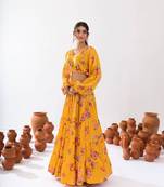 yellow crepe printed Lehenga set