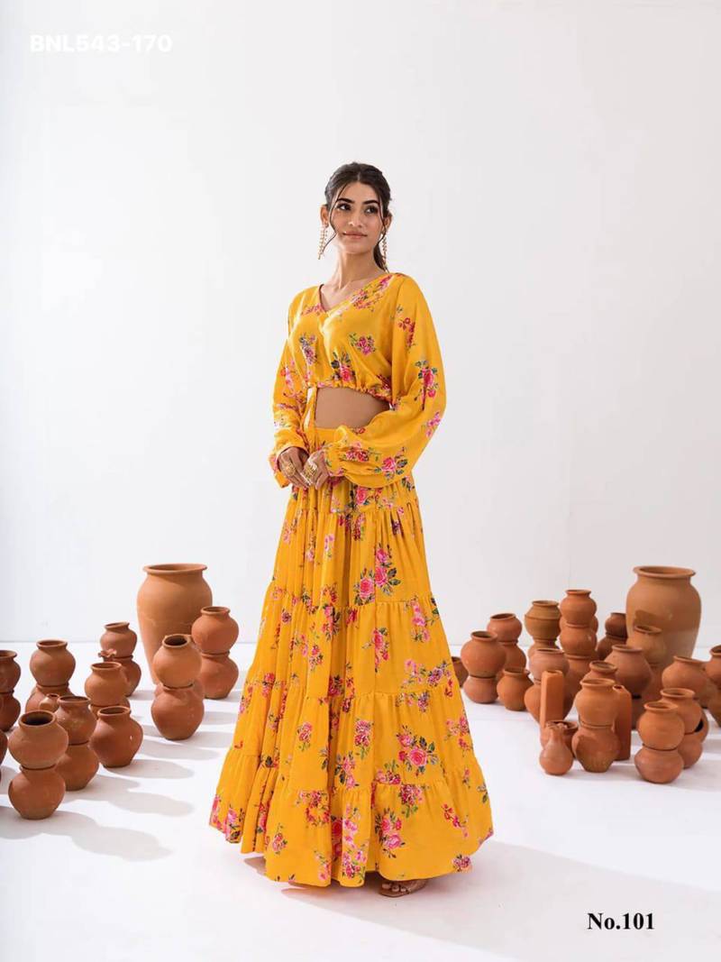 yellow crepe printed Lehenga set