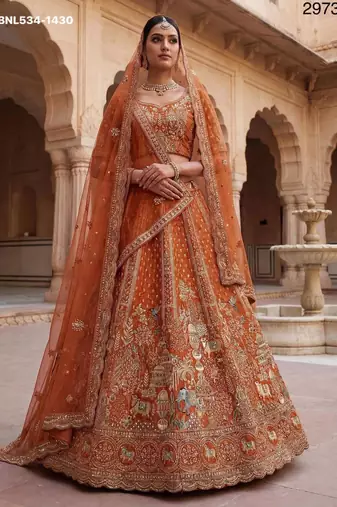 orange silk blend embroidered Lehenga set