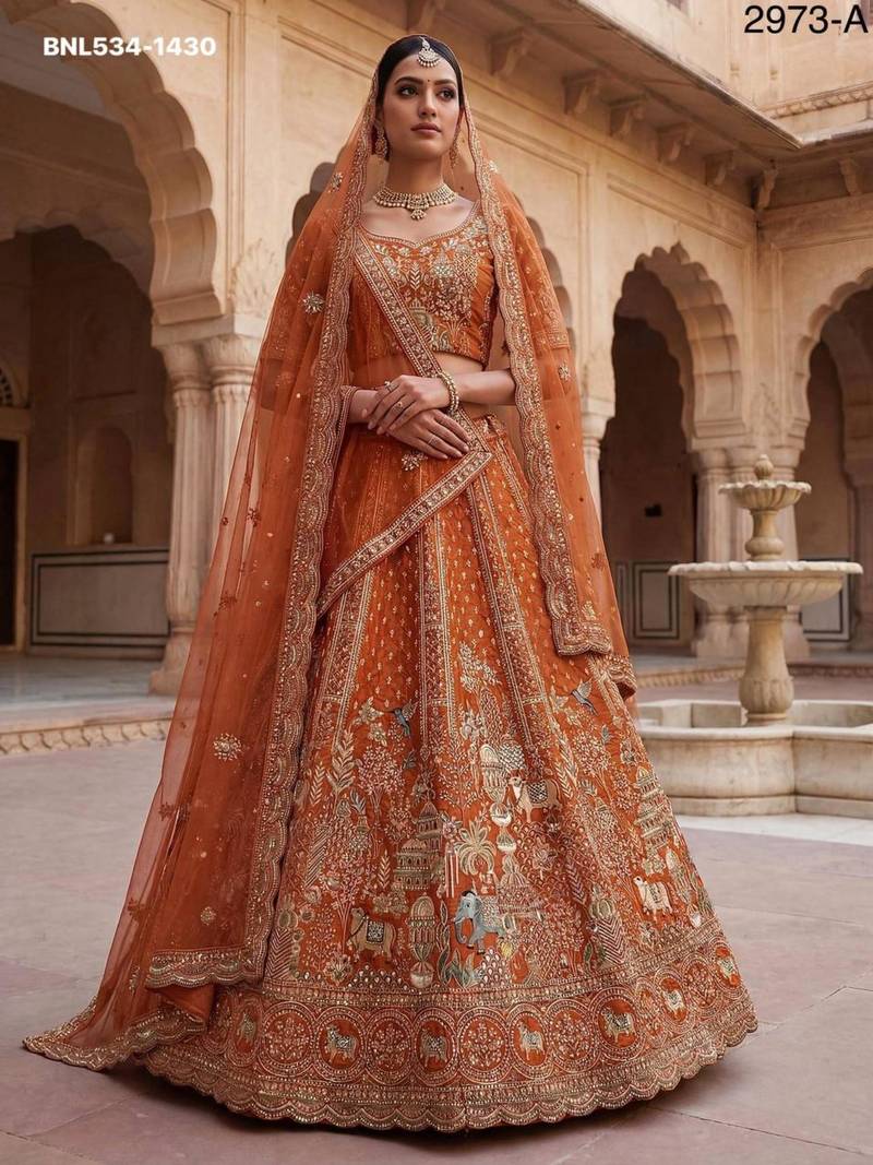 orange silk blend embroidered Lehenga set