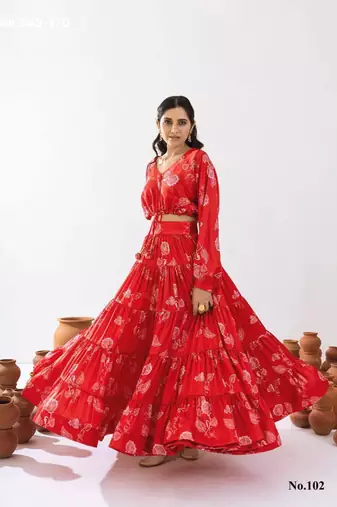 red crepe printed Lehenga set