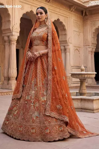 orange silk blend embroidered Lehenga set