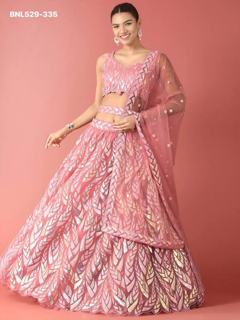 pink net embroidered Lehenga set