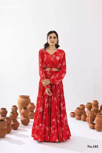 red crepe printed Lehenga set