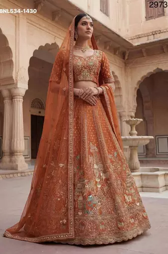 orange silk blend embroidered Lehenga set