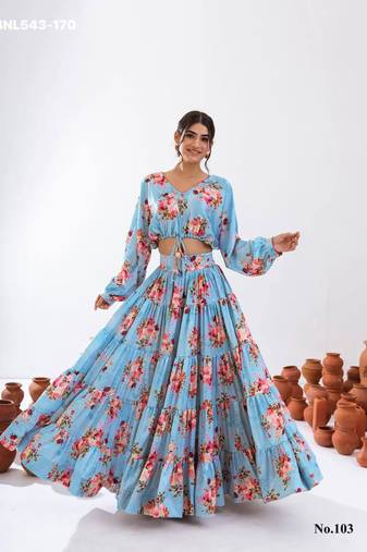 sky blue crepe printed Lehenga set
