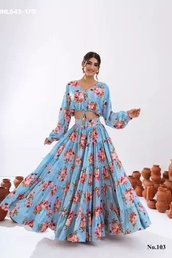 sky blue crepe printed Lehenga set