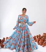 sky blue crepe printed Lehenga set