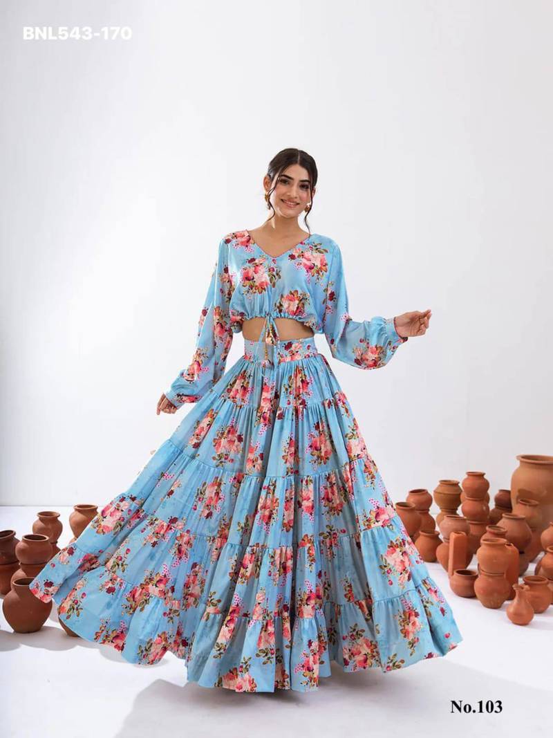 sky blue crepe printed Lehenga set