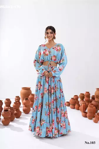 sky blue crepe printed Lehenga set