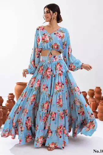 sky blue crepe printed Lehenga set