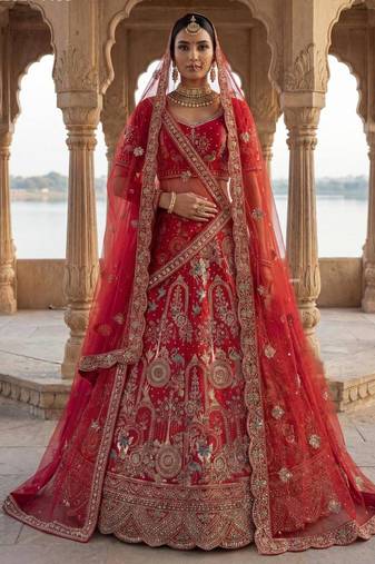 red silk blend embroidered Lehenga set