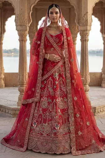 red silk blend embroidered Lehenga set