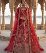 red silk blend embroidered Lehenga set
