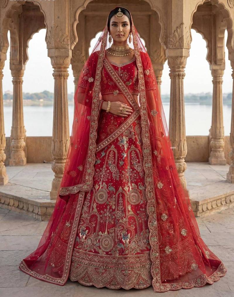 red silk blend embroidered Lehenga set