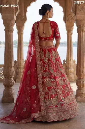 red silk blend embroidered Lehenga set