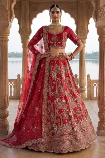 red silk blend embroidered Lehenga set