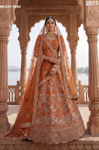orange silk blend embroidered Lehenga set