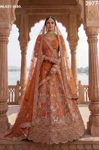 orange silk blend embroidered Lehenga set