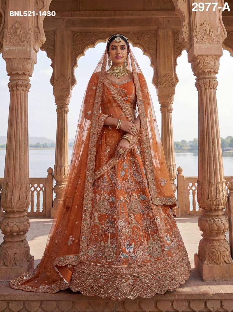 orange silk blend embroidered Lehenga set